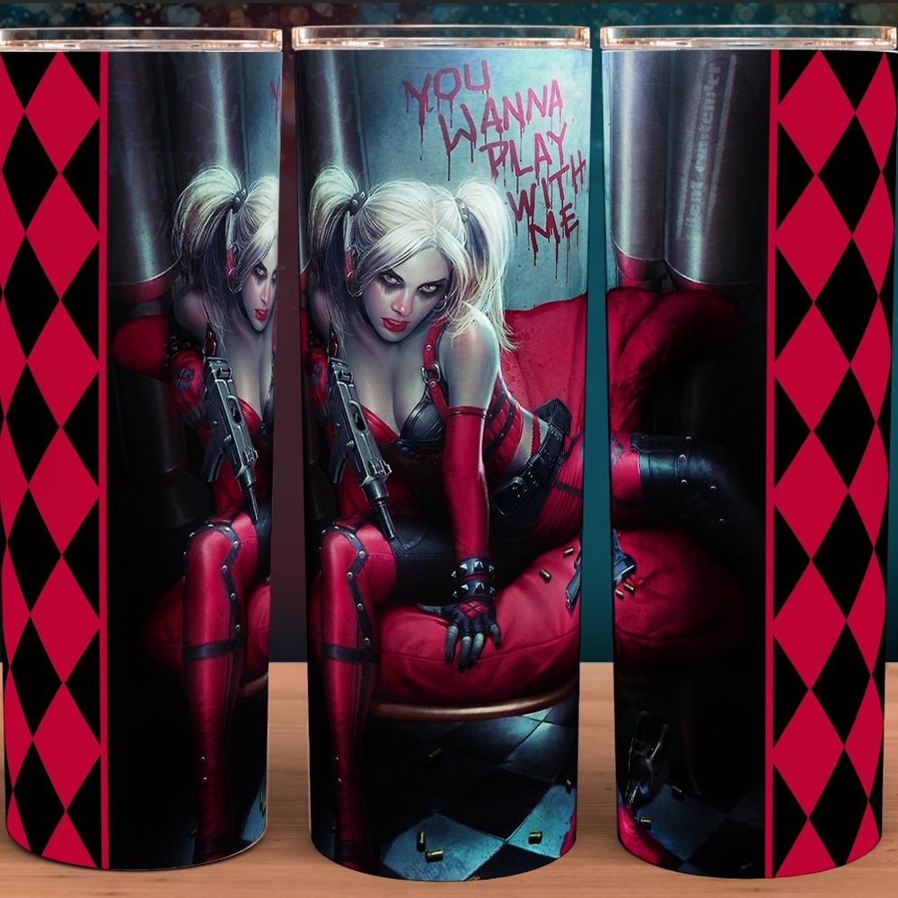 Harley Quinn Hot Pink Diamond Pattern Superhero Tumbler 20oz